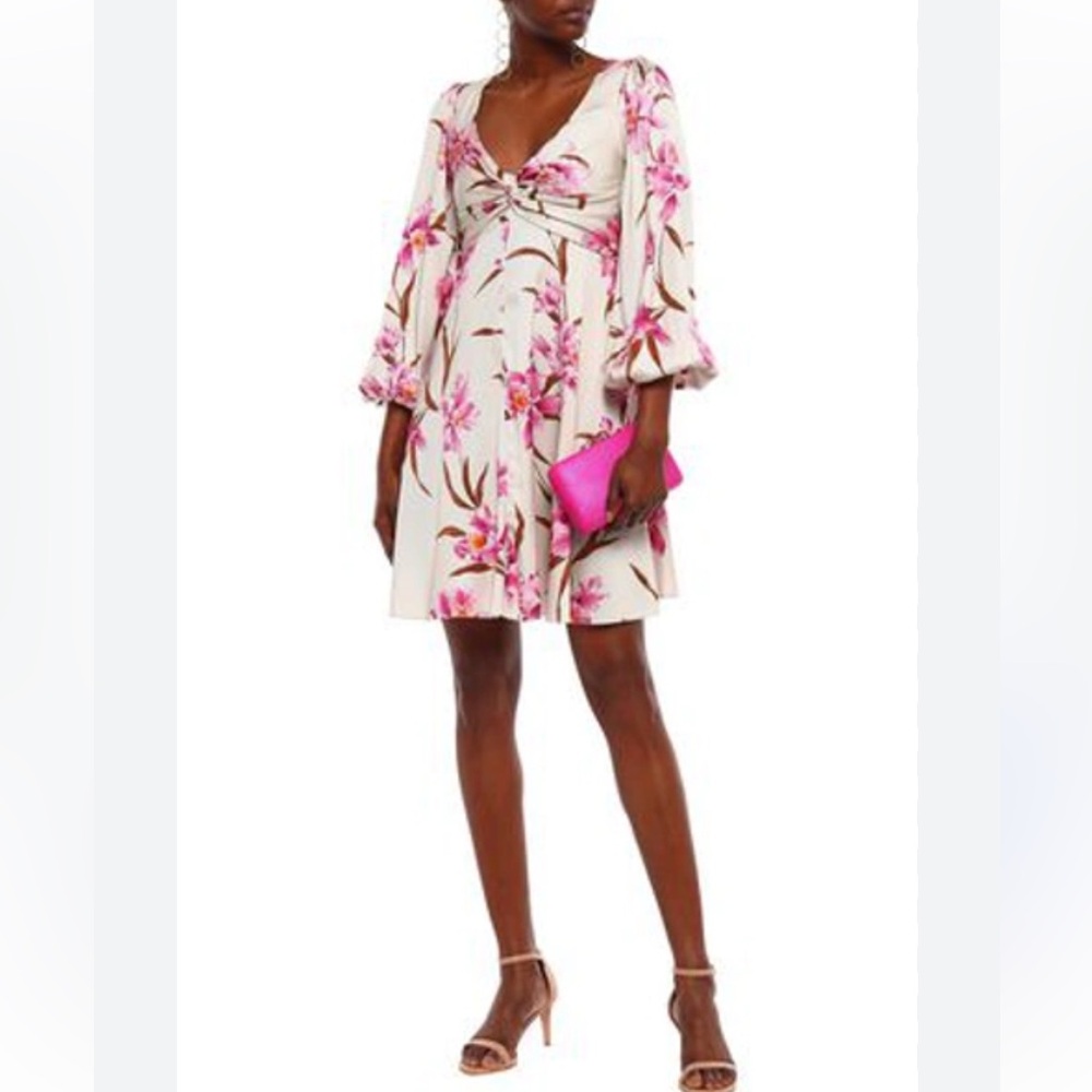 Zimmermann Cream Long Sleeve Floral Mini Dress with Pink Lilies - Picture 3 of 6